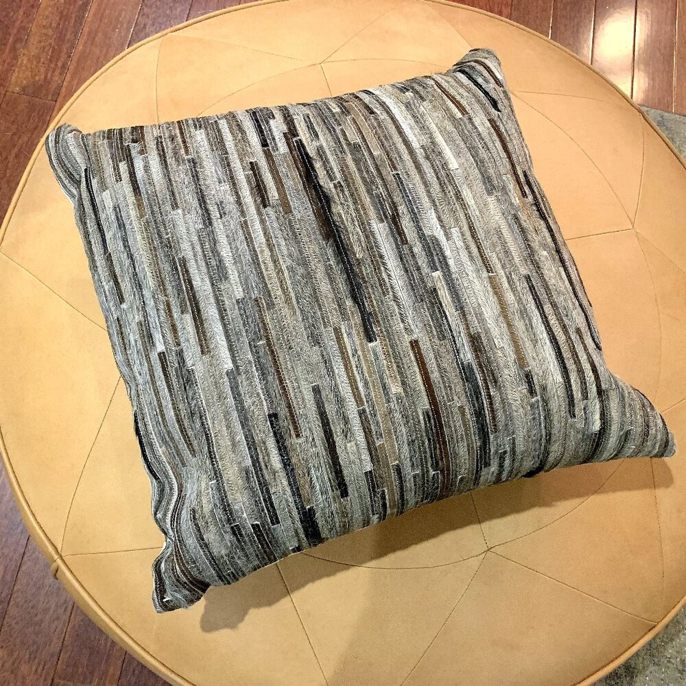 LOLOI 22" Gray & Brown Pony Hair Leather Throw Pillow with Feather Insert NEW